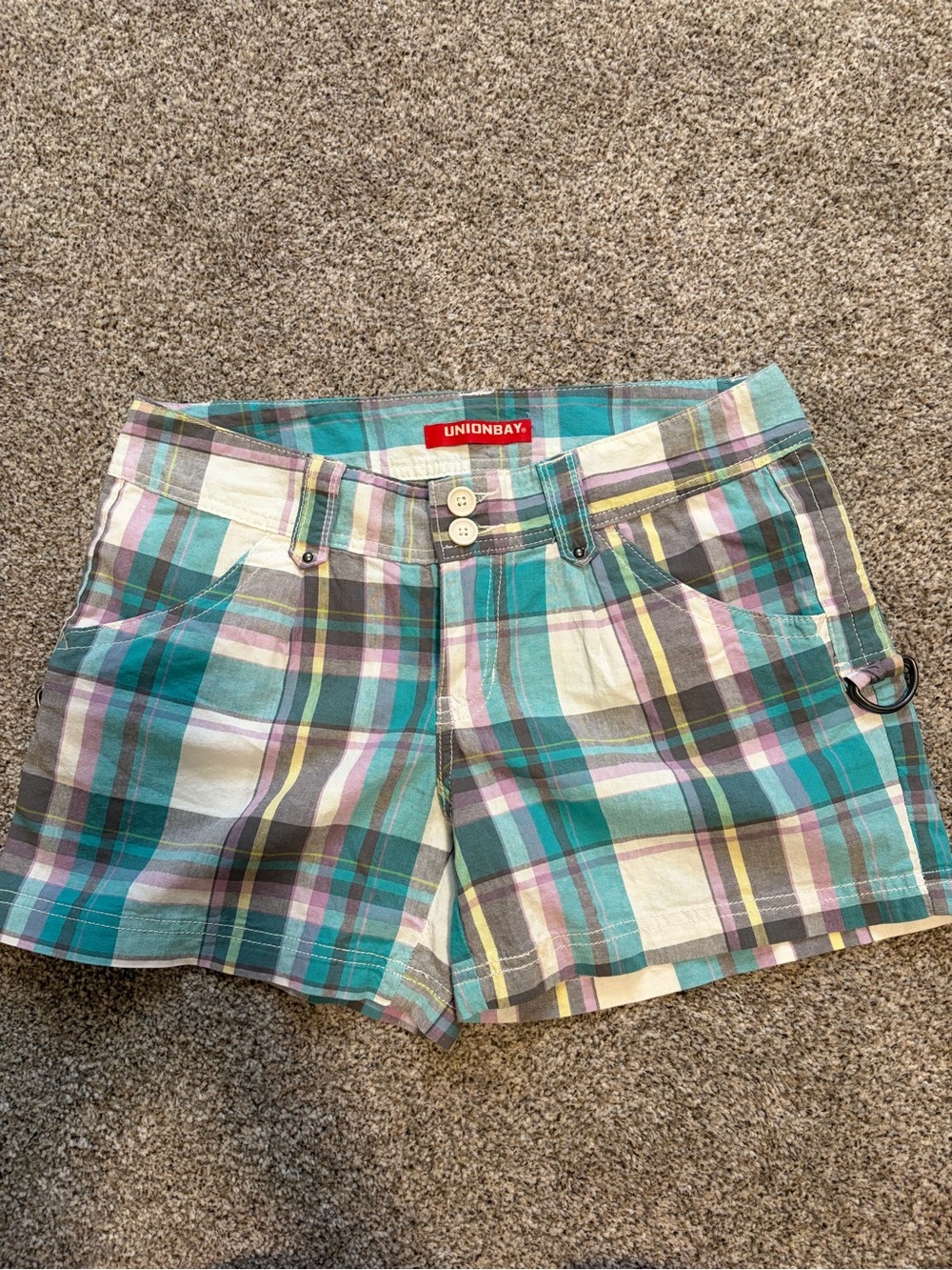 UNION BAY Y2K  low rise Teal Plaid Women's Shorts with Pastel Stripes size 5